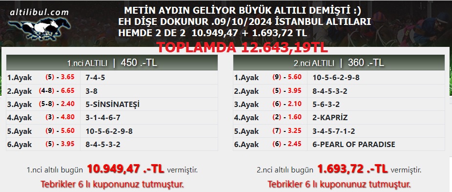 9/10/2024 İSTANBUL 1. ALTILI 10.949,47 .-TL. VE 2. ALTILI 1.693,72 .-TL METİN AYDIN ' IN BAŞARILI KUPONLARI İLE CEPTE 